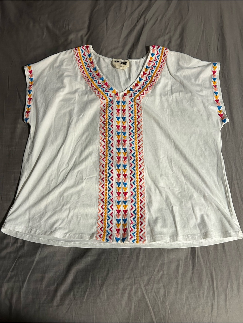 Savanna Jane White V-Neck Tunic with Multicolor Embroidery Size 1X